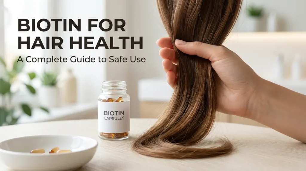 Biotin capsules and healthy hair strand concept for hair growth and care.