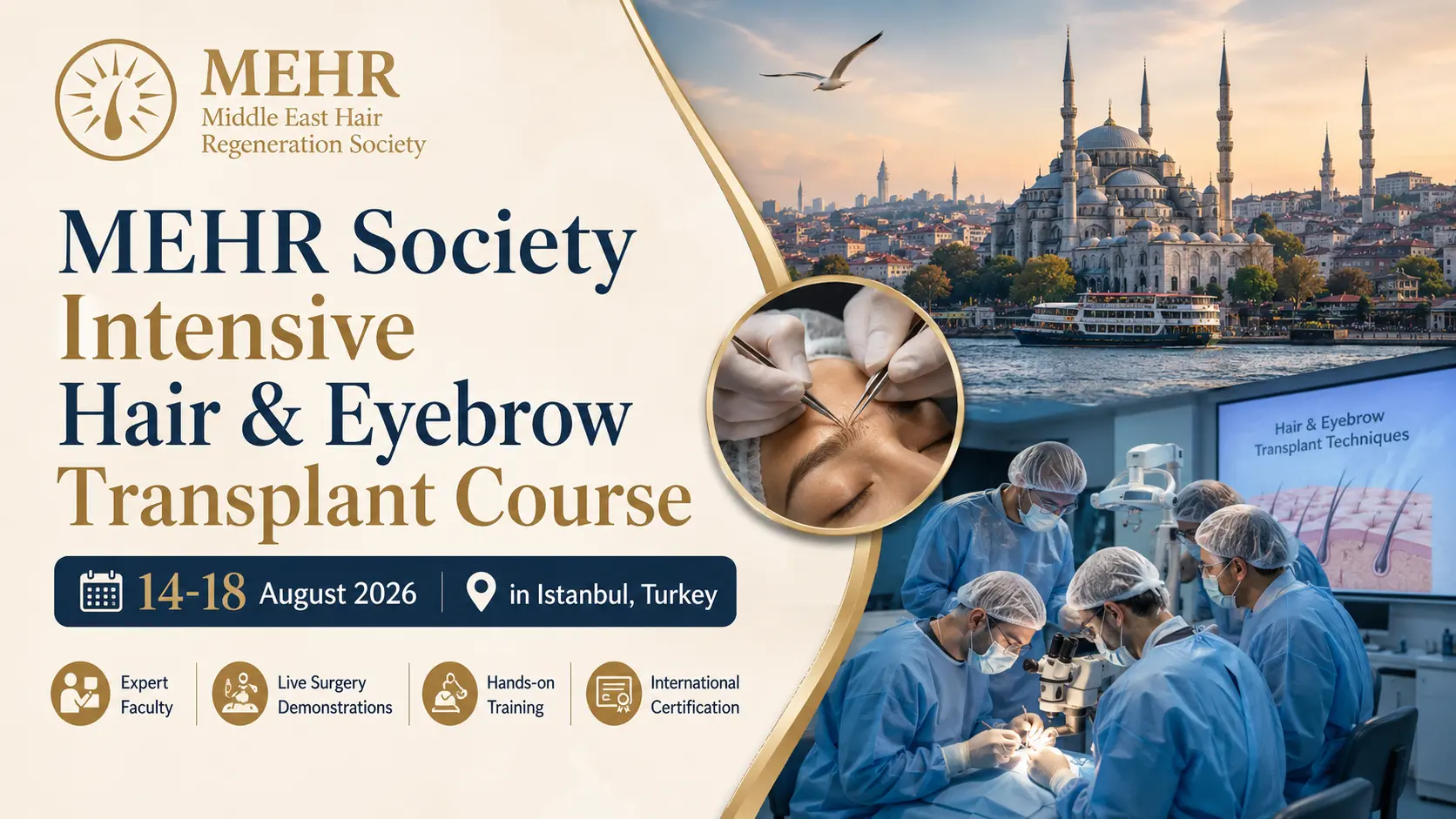 MEHR Society Intensive Hair & Eyebrow Transplant Course in Istanbul, Turkey (14–18 August 2026) featuring live surgery, hands-on training, and international certification.