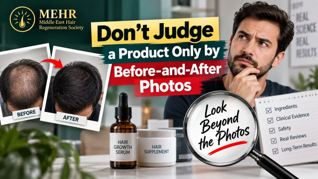 Don’t judge hair growth products by before-and-after photos alone; check ingredients, clinical evidence, safety, reviews, and long-term results