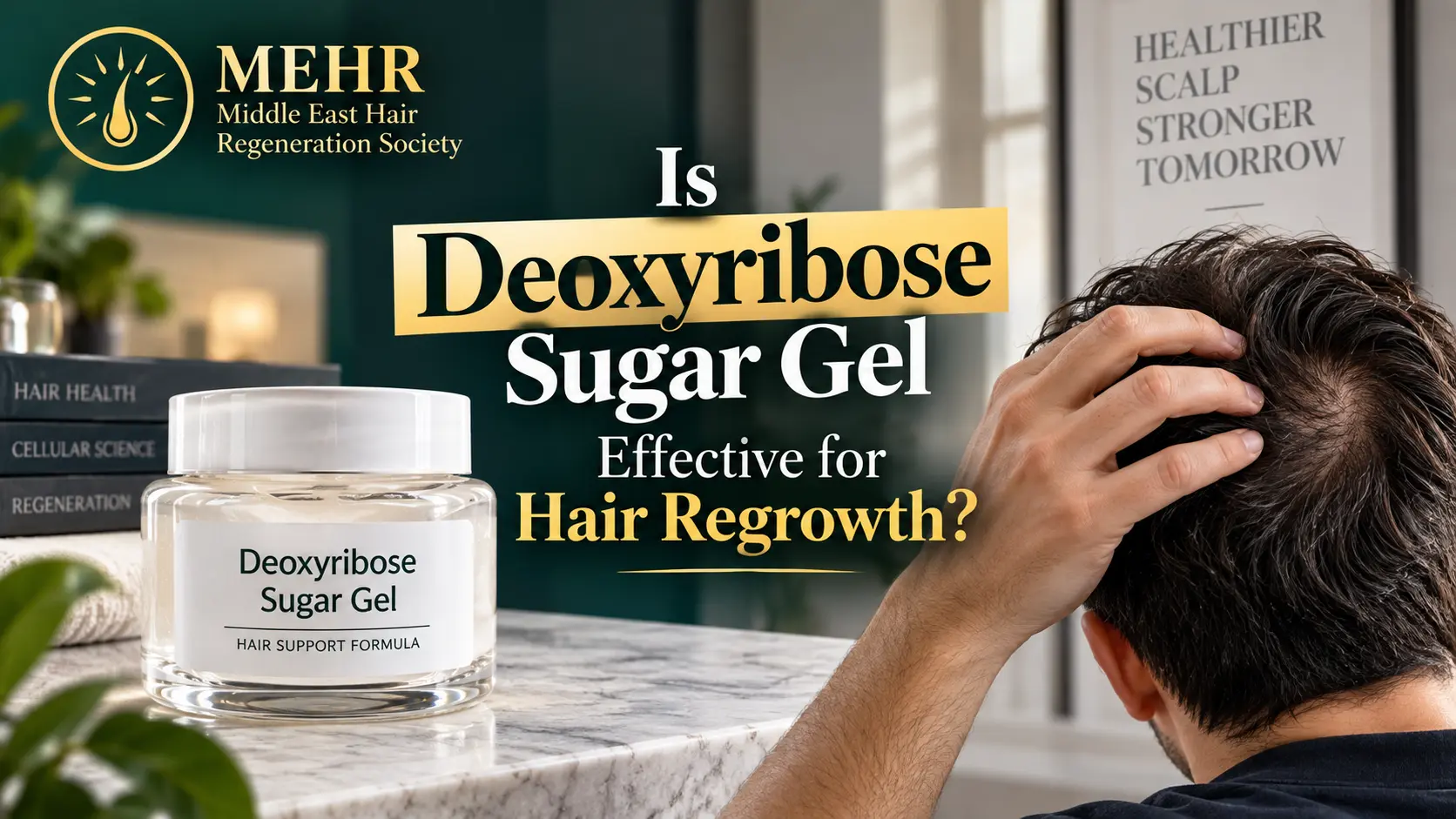Deoxyribose Sugar Gel for hair regrowth and scalp health, featuring a man with thinning hair and a hair support gel jar