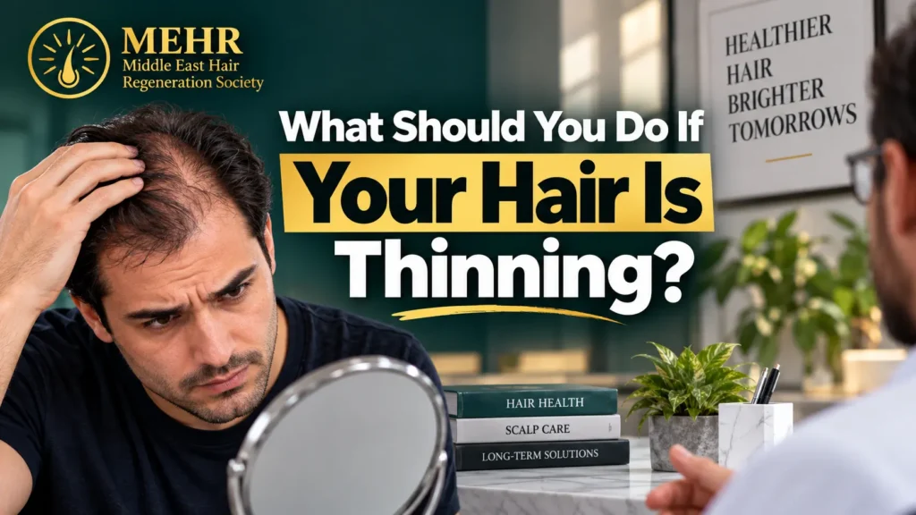 What should you do if your hair is thinning? A man examining hair thinning with a mirror during a hair consultation